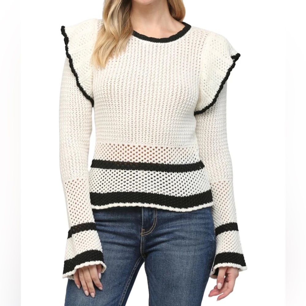 LeLe Cotton Open Knit Ruffle Bell Sleeves Sweater Cream Black Stripe Top Small